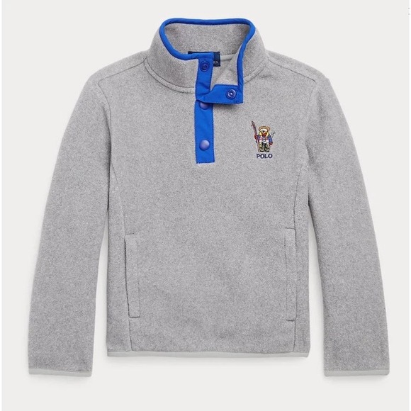 Ralph Lauren Other - Ralph Lauren Gray Fleece Quarter Snap Skiing Polo Bear Blue Trim Boy 24 Months